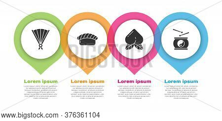 Set Paper Chinese Folding Fan, Sushi, Peach Fruit And Chinese Drum. Business Infographic Template. V