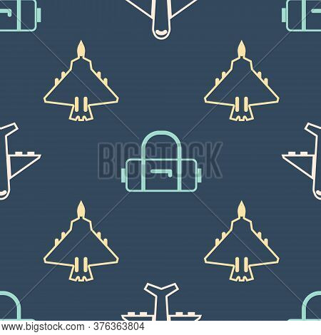 Set Isometric Plane, Jet Fighter And Suitcase Icon. Vector