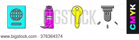 Set Passport, Pepper Spray, Key And Motion Sensor Icon. Vector
