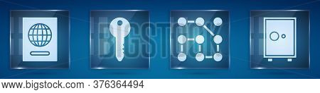 Set Passport, Key, Graphic Password Protection And Safe. Square Glass Panels. Vector