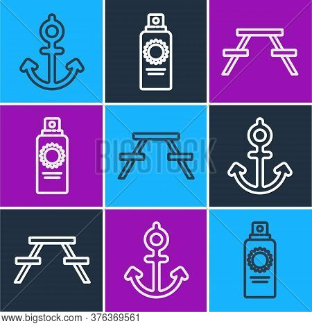 Set Line Anchor, Picnic Table With Benches And Sunscreen Spray Bottle Icon. Vector