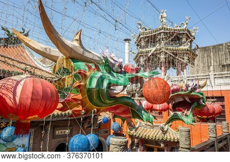 Lukang, Taiwan - October 18th, 2019: dragon lanterns Lukang Tianhou Temple, also known as Mazu Temple at Changhua, Taiwan