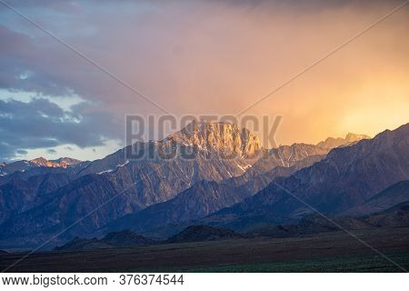 Mountain Range With Clouded Colorful Sunset, Eastern Sierra Nevada Mountains, Mono County, Californi