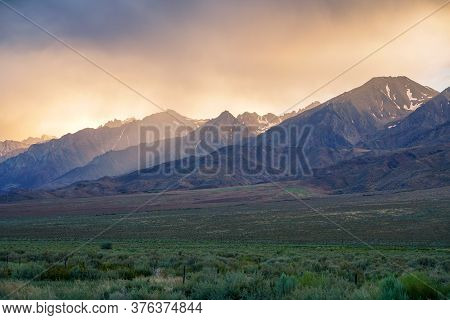 Mountain Range With Clouded Colorful Sunset, Eastern Sierra Nevada Mountains, Mono County, Californi