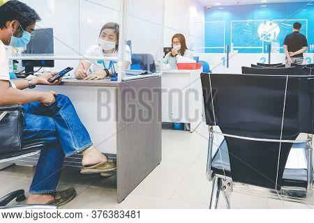 Kanchanaburi Thailand-june 20,2020: The Atmosphere Of Transactions With The Bank During The Spread O