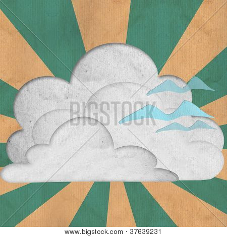 paper cut of white cloud and polar sky ray and brid flying