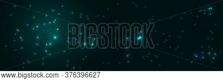 Magic Green Christmas Wide Banner With Lights. Abstract Shyning Background. Vector Illustration