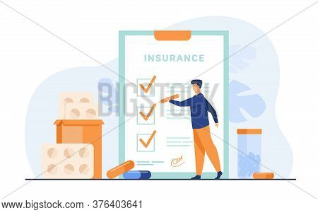 Health Insurance Agreement. Man Studying Insurance List Among Medical Drugs And Hospital Pills. Can 