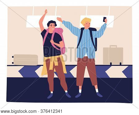 Two Happy Male Friends Taking Selfie At Airport Arriving To Summer Vacation Vector Flat Illustration