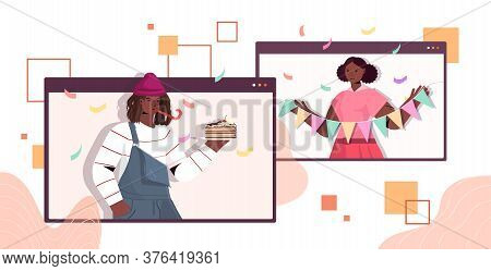 Man Woman In Festive Hats Celebrating Online Birthday Party African American Couple In Computer Wind