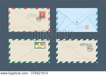 Vector Set Of Isolated Postal Envelopes And Postcards With Postage Stamps. The Concept Of Sending An