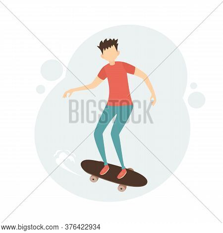 Young Man On Skateboard. Boy Skateboarding. Sport And Physical Activity Concept. Teen Boy Riding Ska