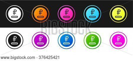 Set Rouble, Ruble Currency Coin Icon Isolated On Black And White Background. Russian Symbol. Vector