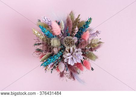 Trendly Beautiful Flowers Bouquet Pink And Lilac Colored Wiht Dried Plants, Flower, Grass. Handmade 