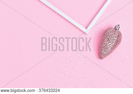Christmas Greeting Card With Bump Metallic Pink Toy. Fashionable Christmas Tree Toy Pine Cone On On 