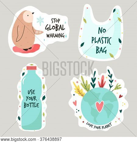Set Of Colorful Stickers With Eco Friendly Slogans And Illustrations.