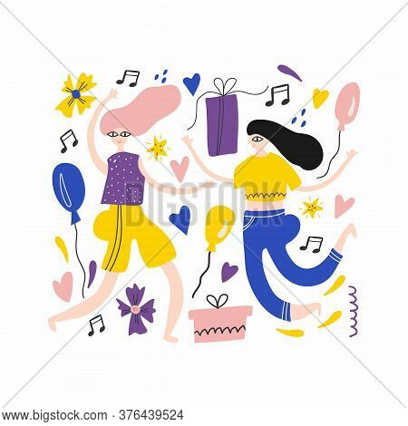 Girls Dansing. Women Have Fun On Party. Hand Drawn Colorful Flat Doodle Vector Illustration For Bann