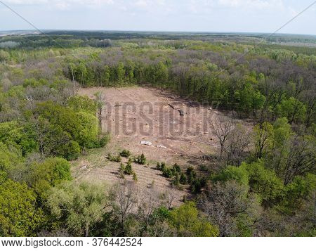A Place Of Felling, Aerial View. Devastated Land, Clearing.