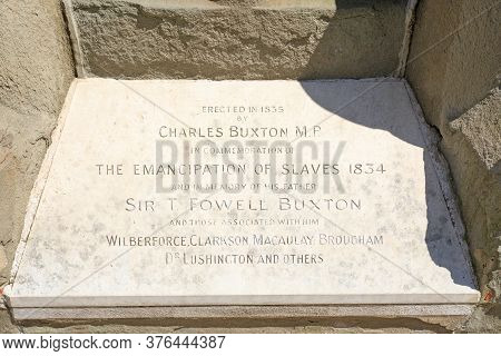 Emancipation Of Slaves Plaque, London, 2020.  A Memorial Plaque Commemmoeating The Abolition Of The 