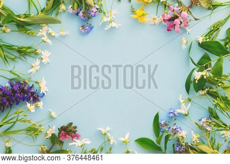 Wildflowers Colorful Frame On Blue Paper Background, Flat Lay With Space For Text. Blooming Spring F