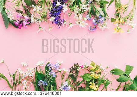 Wildflowers Colorful Frame On Pink Paper Background, Flat Lay With Space For Text. Blooming Spring F