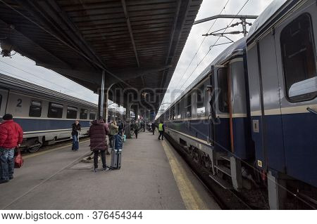 Bucharest, Romania - February 15, 2020: Passengers Unboarding An Intercity Train From Cfr Calatori, 