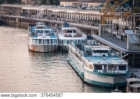 Belgrade, Serbia - August 21, 2018: Cruise Ships Gathered In Mass In Front Of The Quay Of Belgrade P