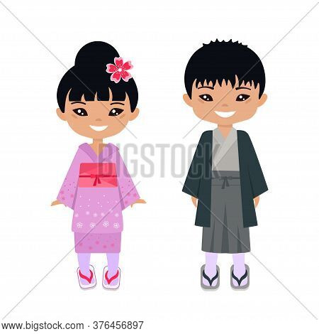 Cute Chibi Kawaii Characters In National Japanese Costume. Flat Cartoon Style