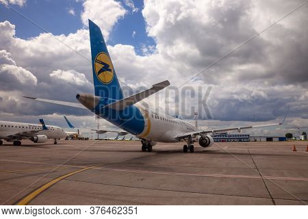 Ukraine, Kyiv - July 8, 2020: Passenger Aircraft Uia Airlenes. Boryspil International Airport. Many 