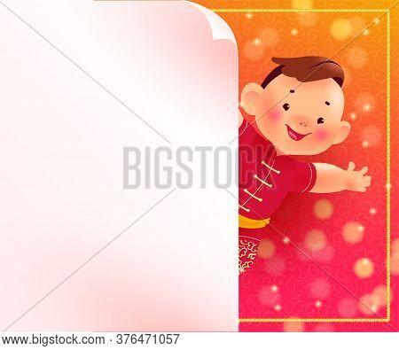 Chinese New Year Banner With Happy Boy Mascot Character In Oriental Traditional Hanfu Suit & White P
