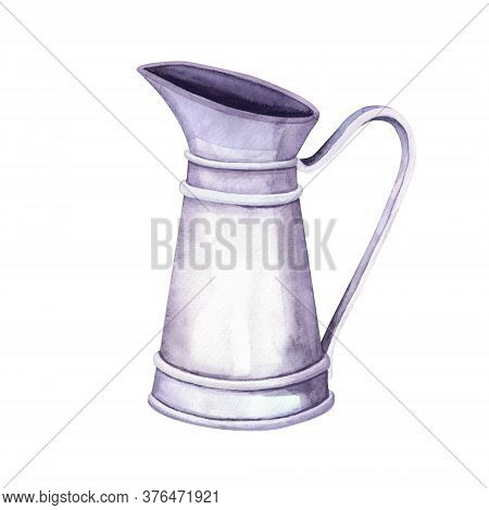 Watercolor Vintage Metal Pitcher On White Background. Farm And Garden Interior Decoration