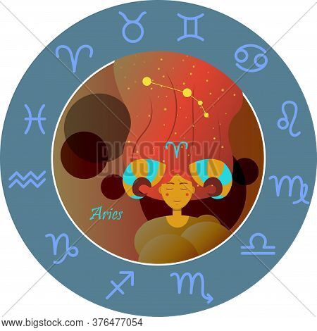Vector Illustration Of The Zodiac Sign By Horoscope. A Girl With Long Hair Of The Starry Sky And The