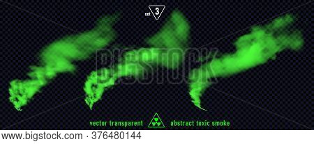 Green Smoke Set 3 Isolated On Transparent Background. Magic Mist Cloud, Chemical Toxic Gas, Steam Wa