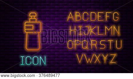 Glowing Neon Line Dishwashing Liquid Bottle Icon Isolated On Brick Wall Background. Liquid Detergent