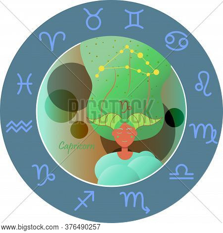 Vector Illustration Of The Zodiac Sign By Horoscope. A Girl With Long Hair Of The Starry Sky And The