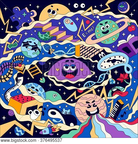 Funny Universe Big Bang Seamless Coloring Pattern With Laughing Planets Distorted Dali Style Clock A