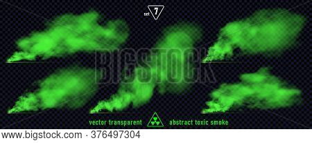 Green Smoke Set 7 Isolated On Transparent Background. Magic Mist Cloud, Chemical Toxic Gas, Steam Wa