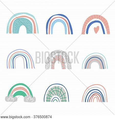 Cartoon Rainbow Set. Colorful Rainbows Chid Collection Of Hand Dawn Elements. Nursery Art Design, Fo