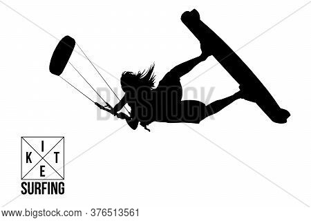 Kiteboarding. Silhouette Of A Kitesurfer. Woman In A Jump Performs A Trick. Big Air Competition. Vec