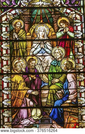 San Antonio, Texas - October 8, 2019 Adoration Virgin Mary Holy Spirit Stained Glass Saint Mary's Ca