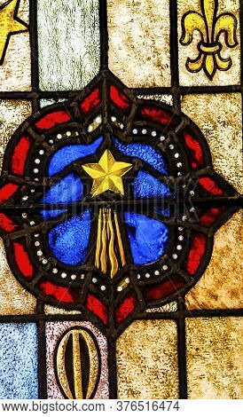 San Antonio, Texas - October 8, 2019 Symbol Patterns Stained Glass Saint Mary's Catholic Church San 