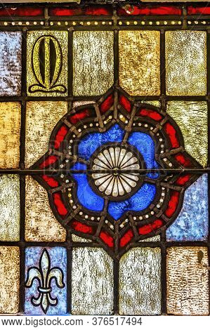 San Antonio, Texas - October 8, 2019  Symbol Patterns Stained Glass Saint Mary's Catholic Church San