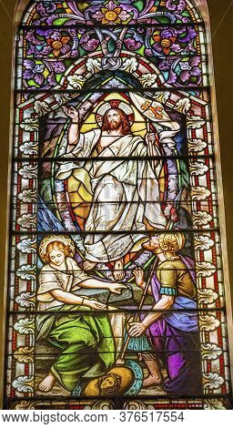 San Antonio, Texas - October 8, 2019  Jesus Christ Resurrection Stained Glass Saint Mary's Catholic 
