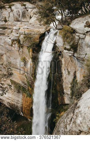Big Waterfall Sallent In A Rocky Mountain In Catalonia
