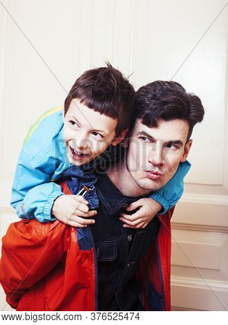 Faher And Son Together Having Fun At Home, Lifestyle Happy Family, People At Home