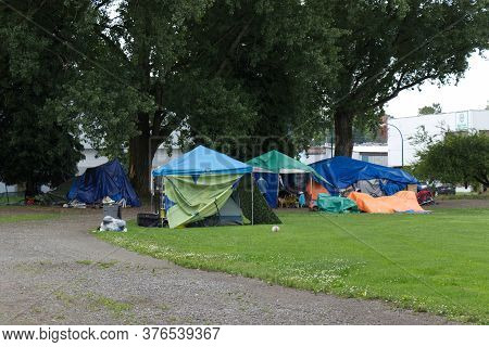 Vancouver, Canada - July 4,2020: View Of Strathcona Park In Downtown Vancouver Full Of Tents And Hom