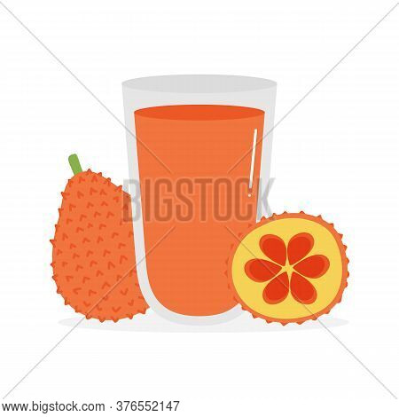 Cute Cartoon Vector Illustration With Gac Fruit Or Baby Jack Fruit And Glass Of Juice. Trendy Asian 