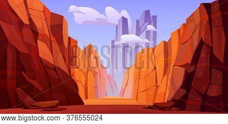 Grand Canyon With Road On Bottom, National Park Of Arizona Colorado State. Red Sandstone Mountains, 