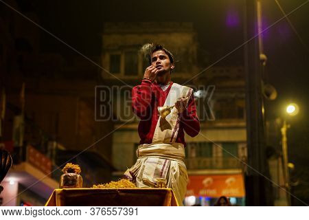 Varanasi, India - Dec 25, 2019: Ganga Aarti On The Dashashwamedh Ghat At Varanasi Uttar Pradesh Indi