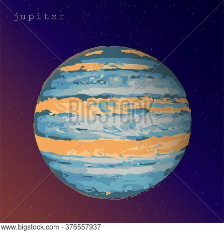 Jupiter Planet View From Space Dark Yellow Purple Background. Vector Illustration For Astronomy Astr